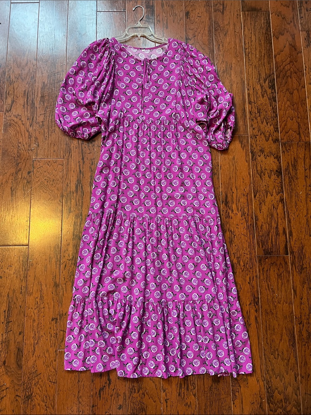 Magenta Floral Tiered Maxi Dress with Puff Sleeves